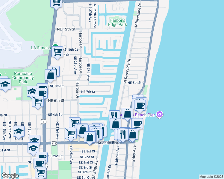 map of restaurants, bars, coffee shops, grocery stores, and more near 401 North Riverside Drive in Pompano Beach