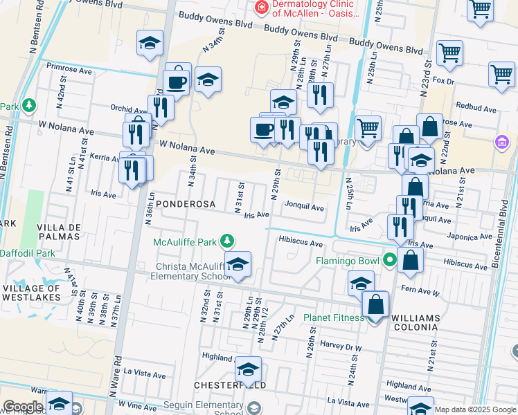 map of restaurants, bars, coffee shops, grocery stores, and more near 3509 North 29th Lane in McAllen