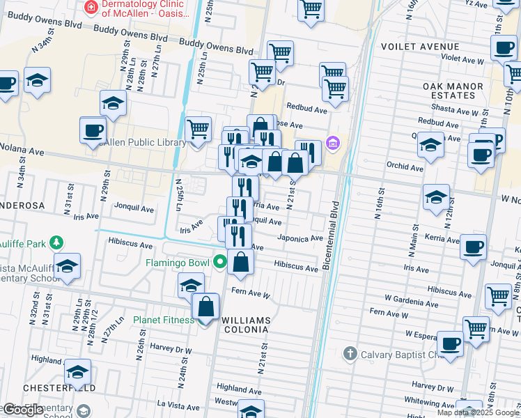 map of restaurants, bars, coffee shops, grocery stores, and more near 2125 West Jonquil Avenue in McAllen