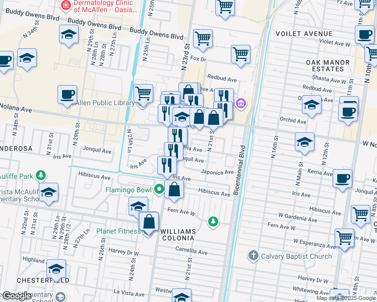 map of restaurants, bars, coffee shops, grocery stores, and more near 2125 West Jonquil Avenue in McAllen