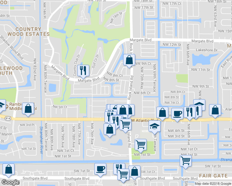 map of restaurants, bars, coffee shops, grocery stores, and more near 7265 Northwest 6th Court in Margate