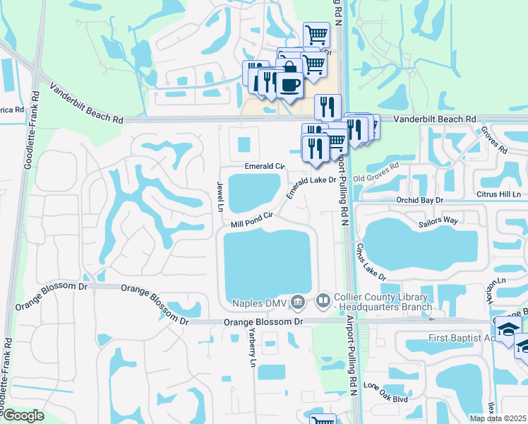 map of restaurants, bars, coffee shops, grocery stores, and more near Emerald Circle in North Naples