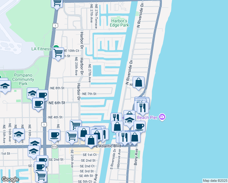 map of restaurants, bars, coffee shops, grocery stores, and more near 401 North Riverside Drive in Pompano Beach