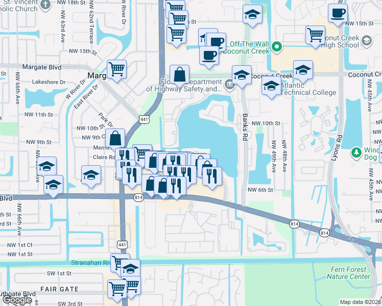 map of restaurants, bars, coffee shops, grocery stores, and more near 5511 Lakeside Drive in Margate