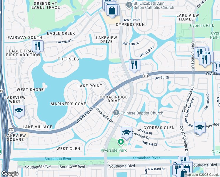 map of restaurants, bars, coffee shops, grocery stores, and more near 11637 West Atlantic Boulevard in Coral Springs