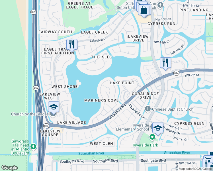 map of restaurants, bars, coffee shops, grocery stores, and more near 446 Northwest 120th Terrace in Coral Springs