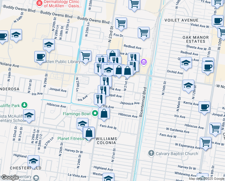 map of restaurants, bars, coffee shops, grocery stores, and more near 2125 West Jonquil Avenue in McAllen