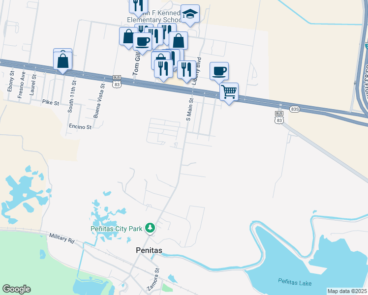 map of restaurants, bars, coffee shops, grocery stores, and more near 414 Farm to Market Road 1427 in Penitas