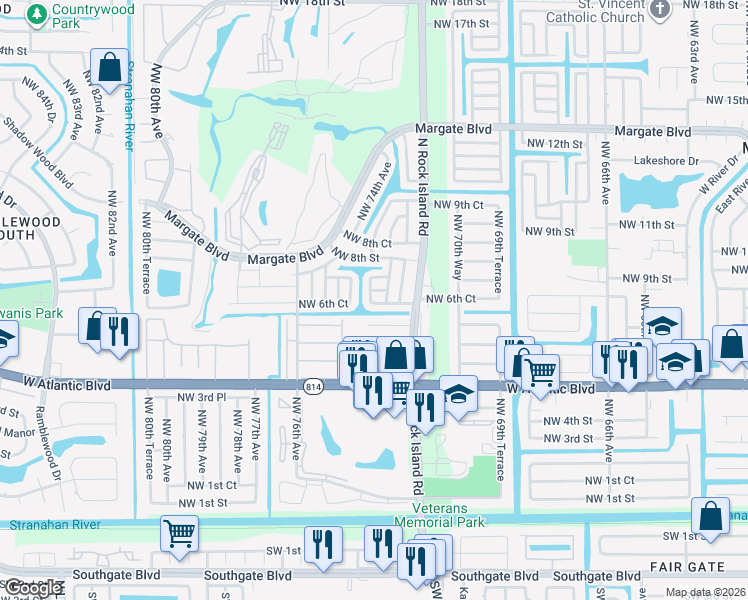 map of restaurants, bars, coffee shops, grocery stores, and more near 7265 Northwest 6th Court in Margate