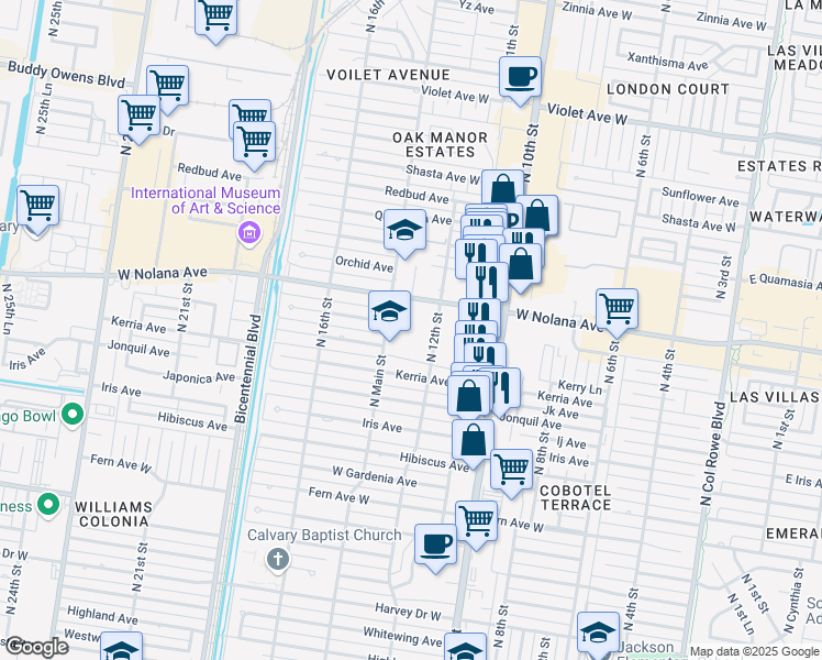 map of restaurants, bars, coffee shops, grocery stores, and more near 3800 North Main Street in McAllen