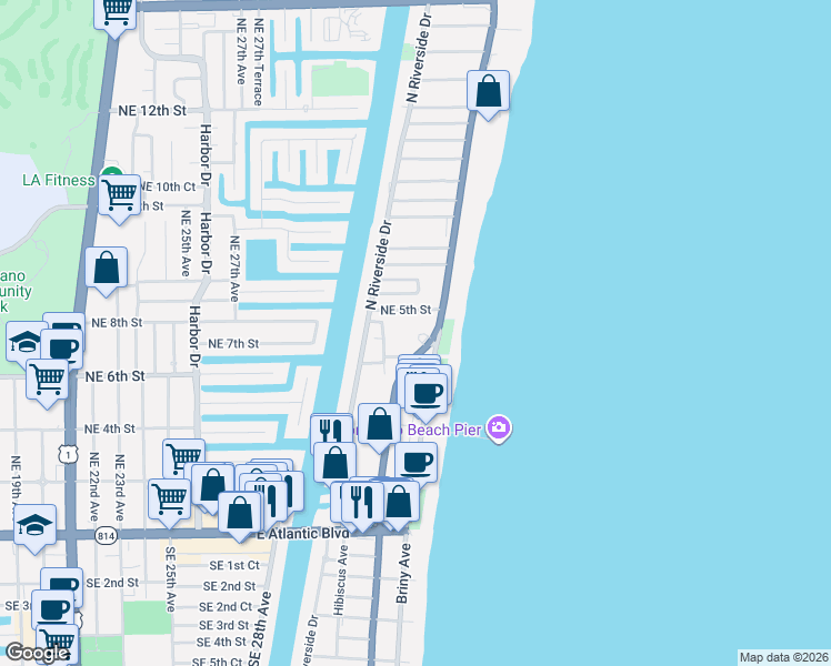 map of restaurants, bars, coffee shops, grocery stores, and more near 104 North Ocean Boulevard in Pompano Beach