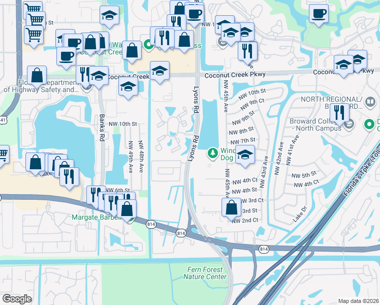 map of restaurants, bars, coffee shops, grocery stores, and more near in Coconut Creek