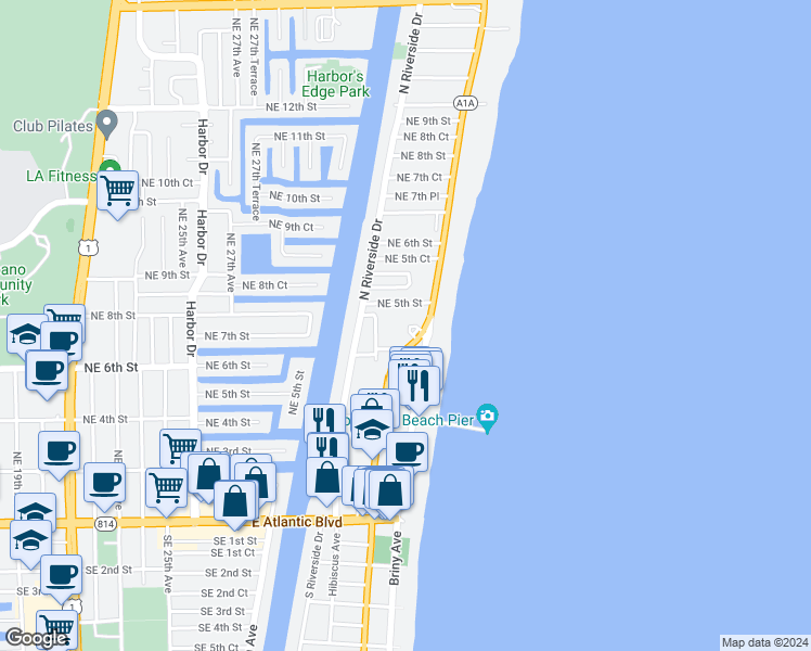 map of restaurants, bars, coffee shops, grocery stores, and more near 3228 Northeast 5th Street in Pompano Beach
