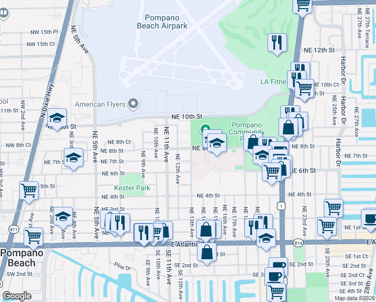 map of restaurants, bars, coffee shops, grocery stores, and more near 1220 Northeast 8th Street in Pompano Beach