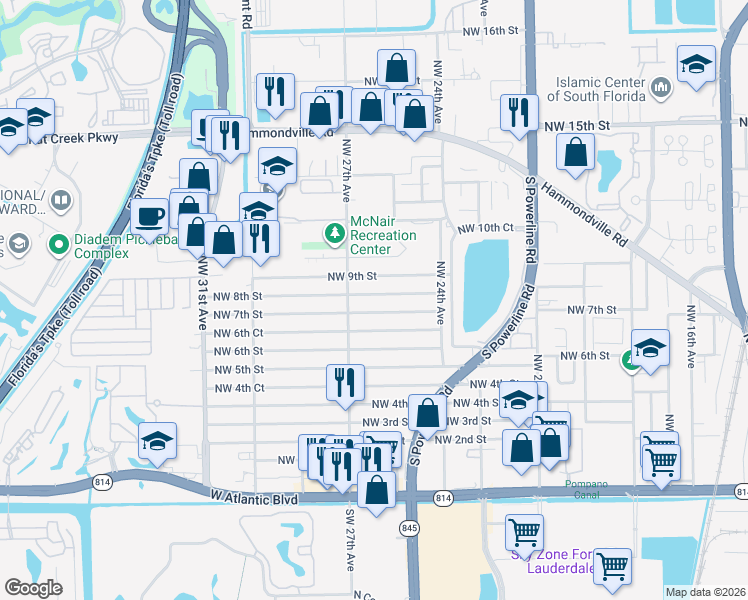 map of restaurants, bars, coffee shops, grocery stores, and more near 2632 Northwest 8th Street in Pompano Beach