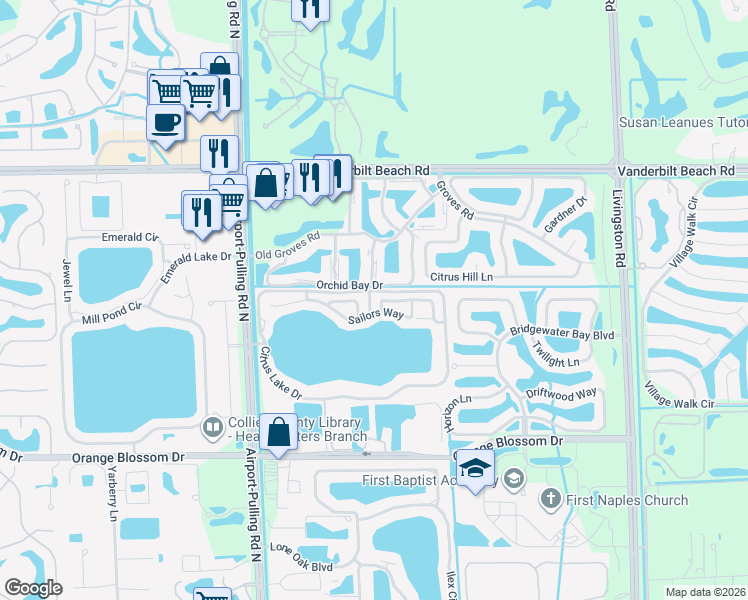 map of restaurants, bars, coffee shops, grocery stores, and more near 7455 Jacaranda Park Road in Naples