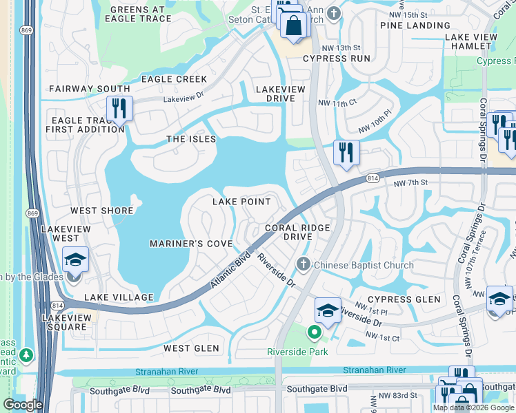 map of restaurants, bars, coffee shops, grocery stores, and more near 11721 West Atlantic Boulevard in Coral Springs