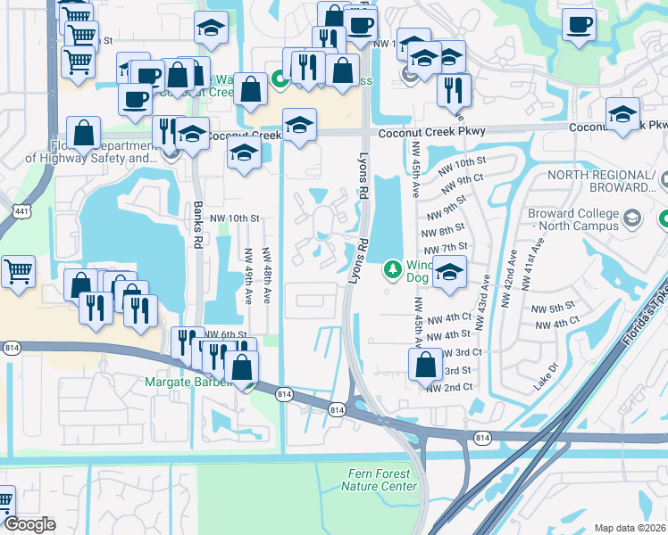 map of restaurants, bars, coffee shops, grocery stores, and more near 651 Lyons Road in Coconut Creek