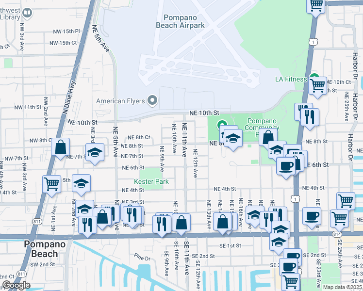 map of restaurants, bars, coffee shops, grocery stores, and more near 721 Northeast 11th Avenue in Pompano Beach