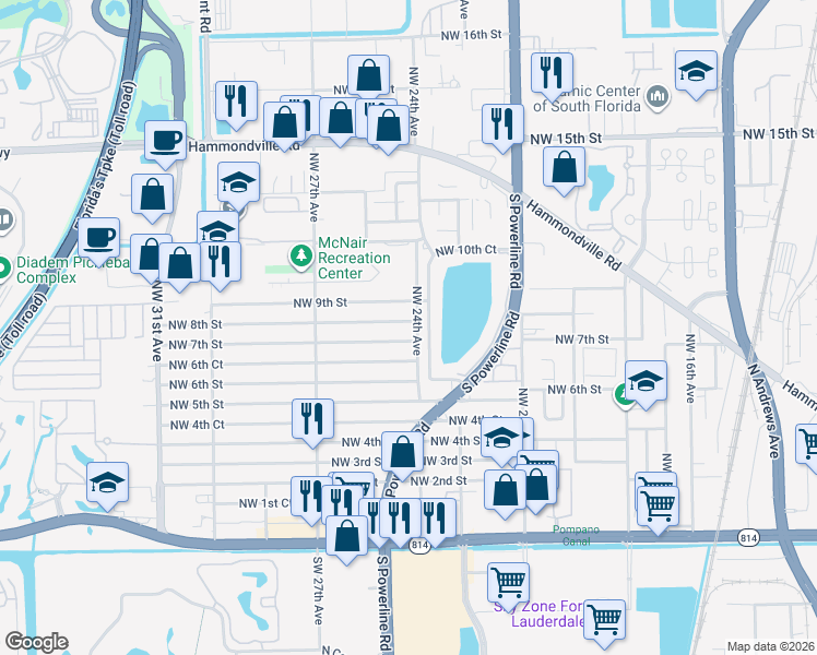 map of restaurants, bars, coffee shops, grocery stores, and more near 2402 Northwest 9th Street in Pompano Beach