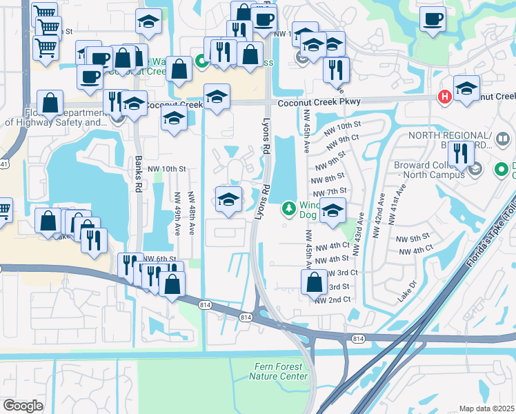 map of restaurants, bars, coffee shops, grocery stores, and more near in Coconut Creek
