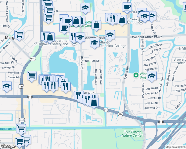 map of restaurants, bars, coffee shops, grocery stores, and more near 861 Northwest 49th Way in Coconut Creek