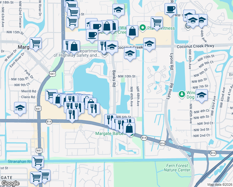 map of restaurants, bars, coffee shops, grocery stores, and more near 531 Banks Road in Margate