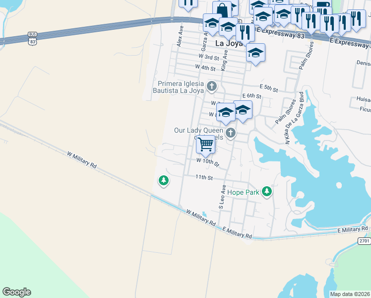 map of restaurants, bars, coffee shops, grocery stores, and more near 840 Garza Avenue in La Joya