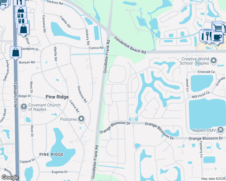 map of restaurants, bars, coffee shops, grocery stores, and more near 7200 Goodlette-Frank Road in Naples