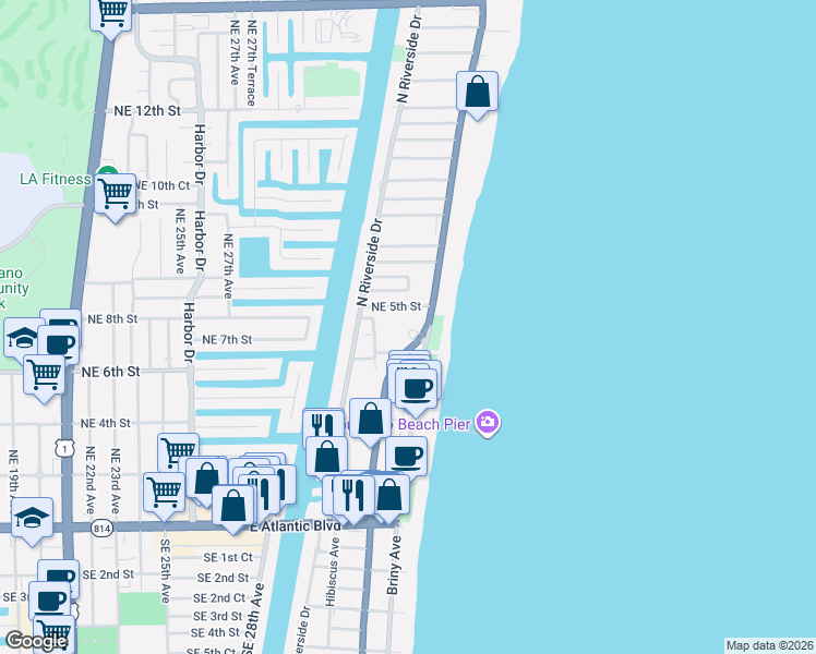 map of restaurants, bars, coffee shops, grocery stores, and more near 3232 Northeast 5th Street in Pompano Beach