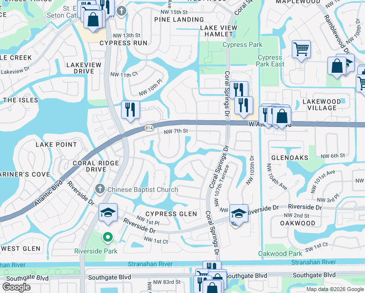 map of restaurants, bars, coffee shops, grocery stores, and more near 10980 Northwest 7th Street in Coral Springs