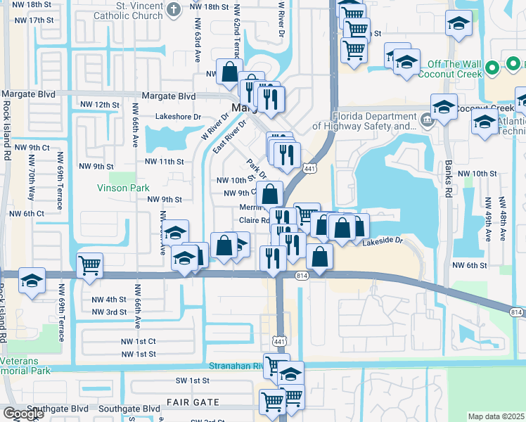 map of restaurants, bars, coffee shops, grocery stores, and more near 6101 Northwest 9th Street in Margate