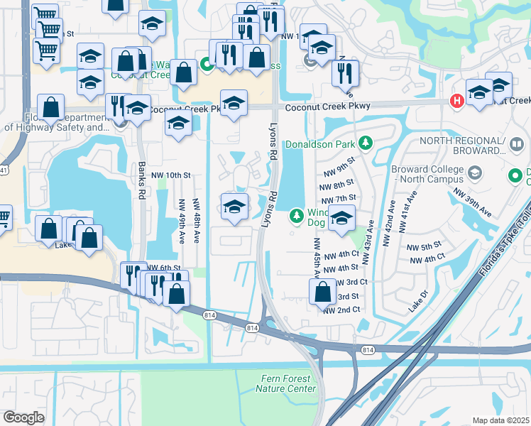 map of restaurants, bars, coffee shops, grocery stores, and more near in Coconut Creek