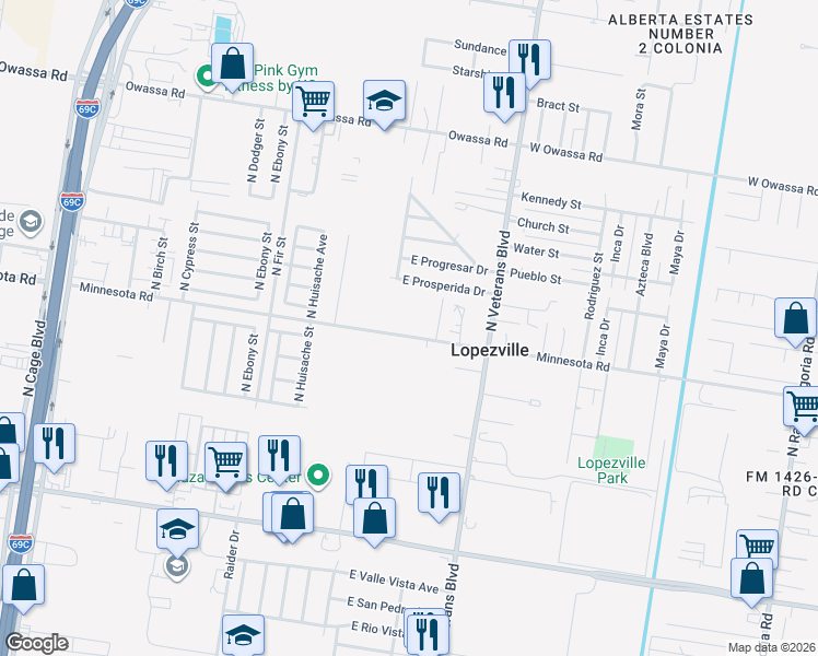 map of restaurants, bars, coffee shops, grocery stores, and more near 1301 Minnesota Road in Pharr