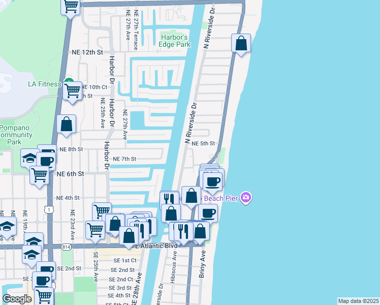 map of restaurants, bars, coffee shops, grocery stores, and more near 7 Northeast 5th Street in Pompano Beach