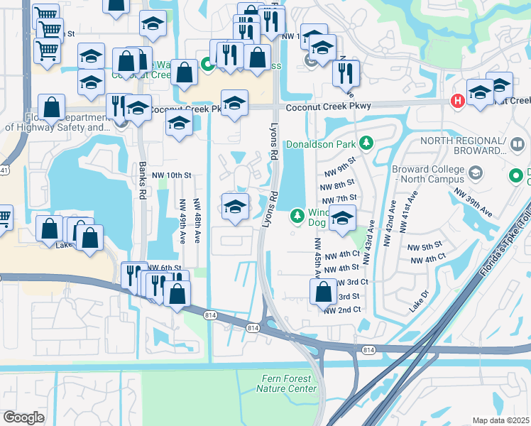map of restaurants, bars, coffee shops, grocery stores, and more near in Coconut Creek