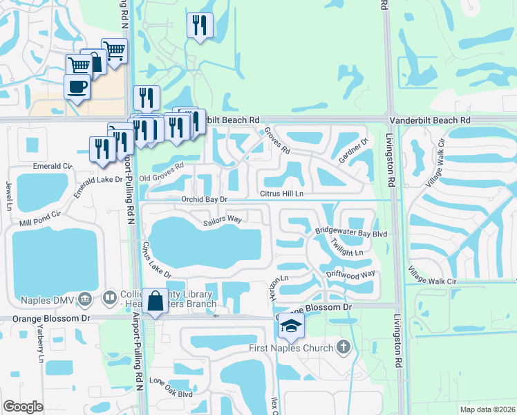 map of restaurants, bars, coffee shops, grocery stores, and more near 7633 Citrus Hill Lane in Naples