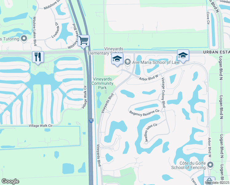 map of restaurants, bars, coffee shops, grocery stores, and more near 308 Lalique Circle in Naples