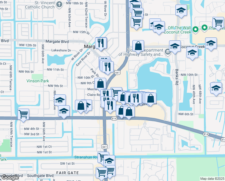 map of restaurants, bars, coffee shops, grocery stores, and more near 5621 Palmer Road in Margate