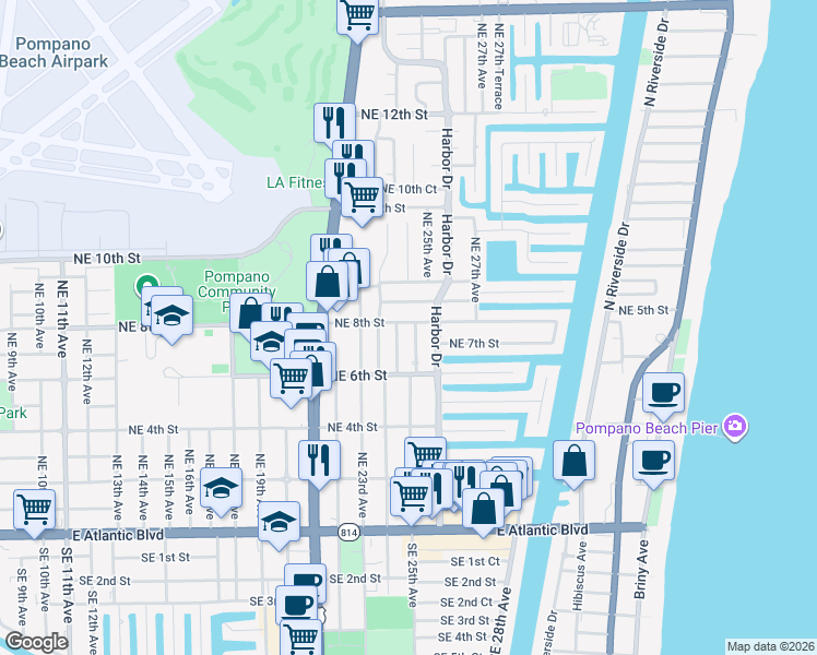 map of restaurants, bars, coffee shops, grocery stores, and more near 2449 Northeast 8th Street in Pompano Beach