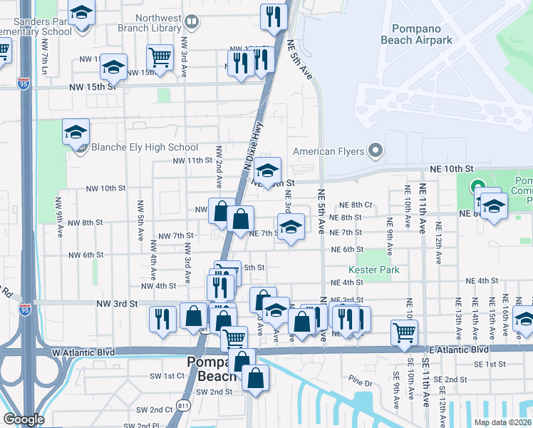 map of restaurants, bars, coffee shops, grocery stores, and more near 117 Northeast 8th Street in Pompano Beach