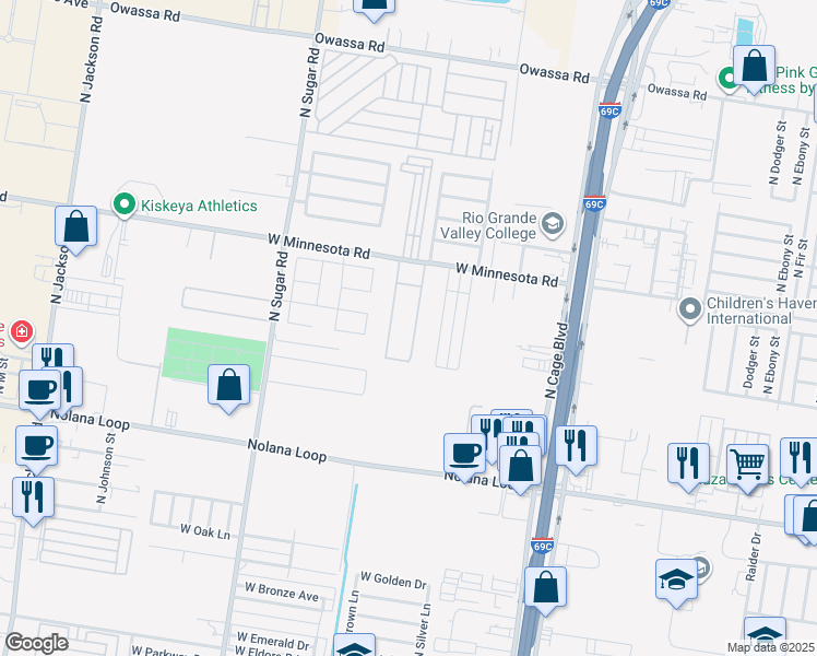 map of restaurants, bars, coffee shops, grocery stores, and more near 701 West Minnesota Road in Pharr