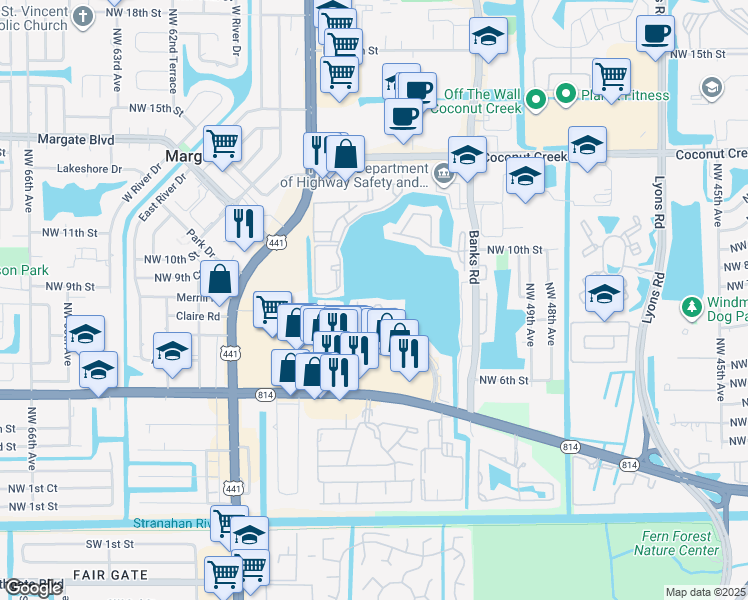map of restaurants, bars, coffee shops, grocery stores, and more near 5541 Lakeside Drive in Margate