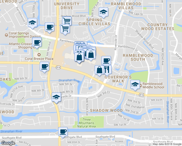 map of restaurants, bars, coffee shops, grocery stores, and more near 8975 West Atlantic Boulevard in Coral Springs