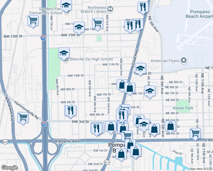 map of restaurants, bars, coffee shops, grocery stores, and more near 245 Northwest 8th Court in Pompano Beach