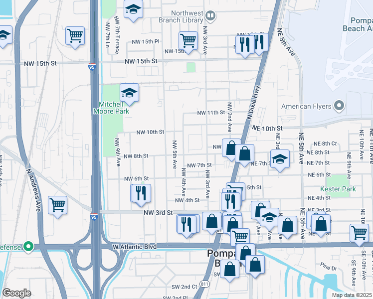 map of restaurants, bars, coffee shops, grocery stores, and more near 851 Northwest 4th Avenue in Pompano Beach