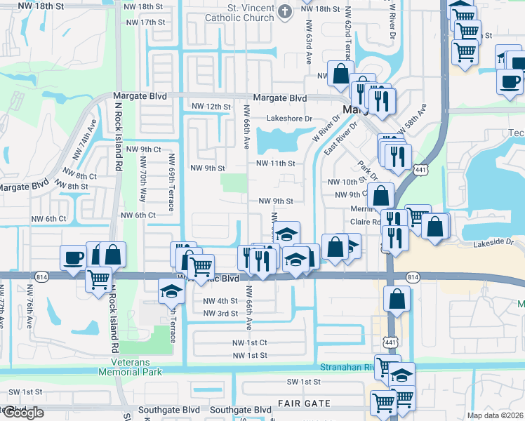 map of restaurants, bars, coffee shops, grocery stores, and more near 6508 Northwest 9th Street in Margate