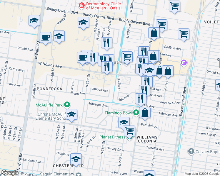 map of restaurants, bars, coffee shops, grocery stores, and more near 6517 North 27th Street in McAllen