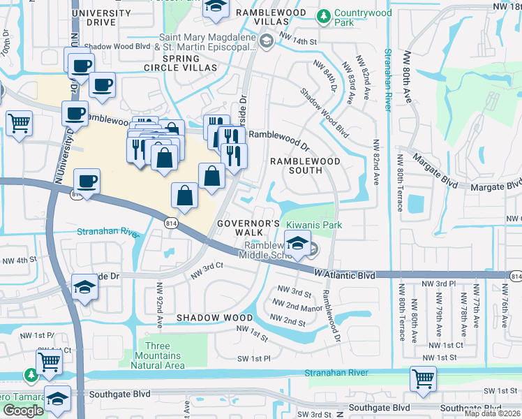 map of restaurants, bars, coffee shops, grocery stores, and more near 626 Northwest 87th Lane in Coral Springs