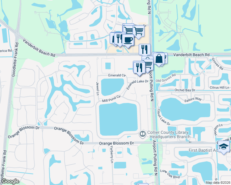 map of restaurants, bars, coffee shops, grocery stores, and more near 7800 Emerald Circle in Naples